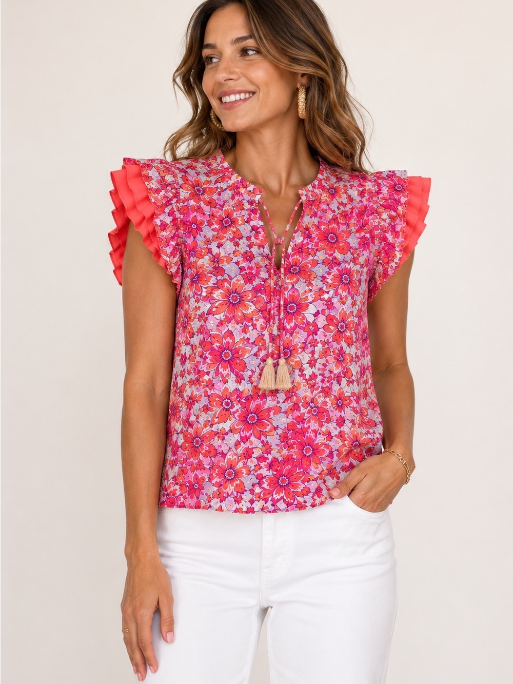 THML Floral Flutter Sleeve Blouse Tassel Tie Top Pink Size Small